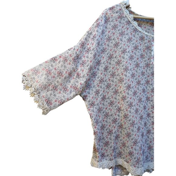 Vintage Free People M Calico Print Sheer Blouse Lace Trim Beige - Picture 2 of 7